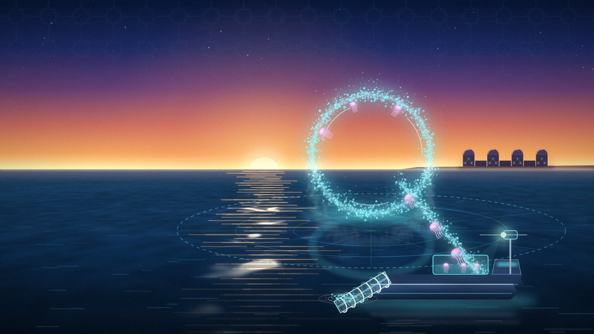 Illustration, concept art, not to scale: a glowing ring of rising bubbles at sea at sunset holds jellyfish back; a robot boat lifts them with a screw into its tank; four reactor domes stand on the shore at the right.