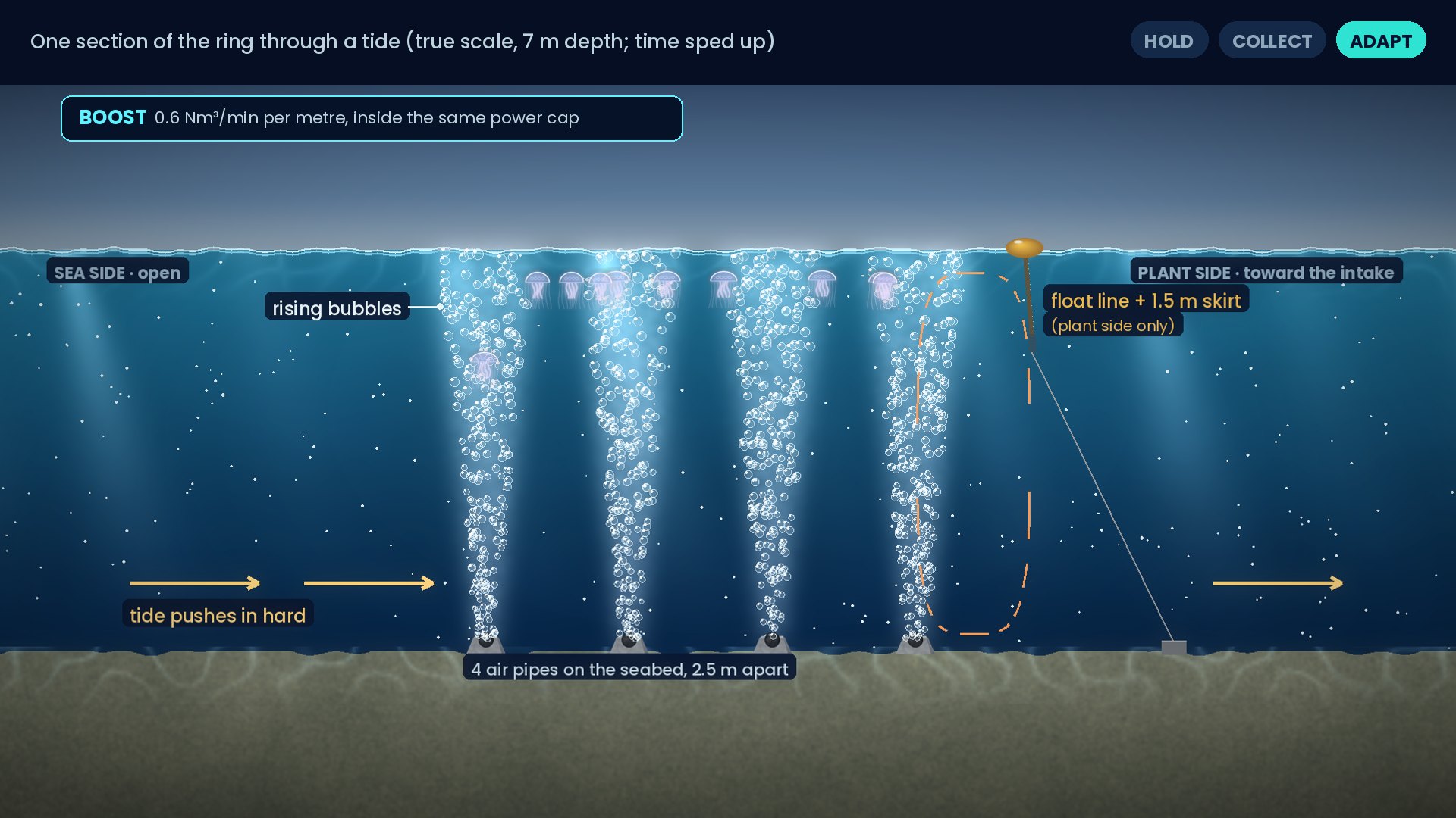 Illustration, one section of the bubble ring in cross-section: Boost where the tide pushes in hard.
